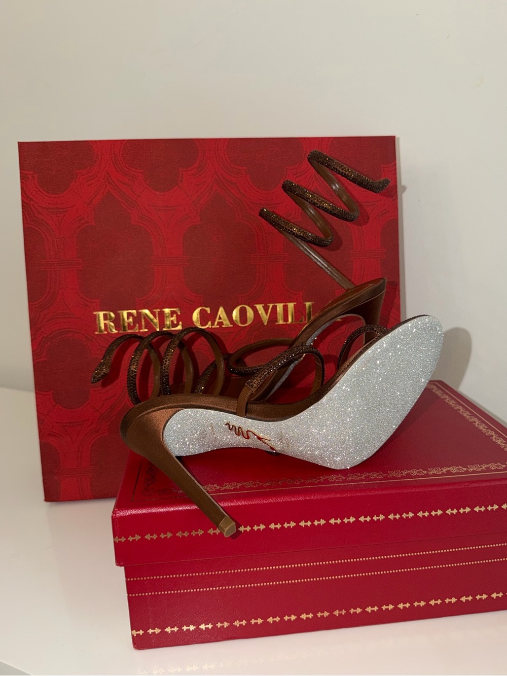 Brand New Rene Caovilla Brown Crystal Spiral-Strap Heels - Picture 4 of 4